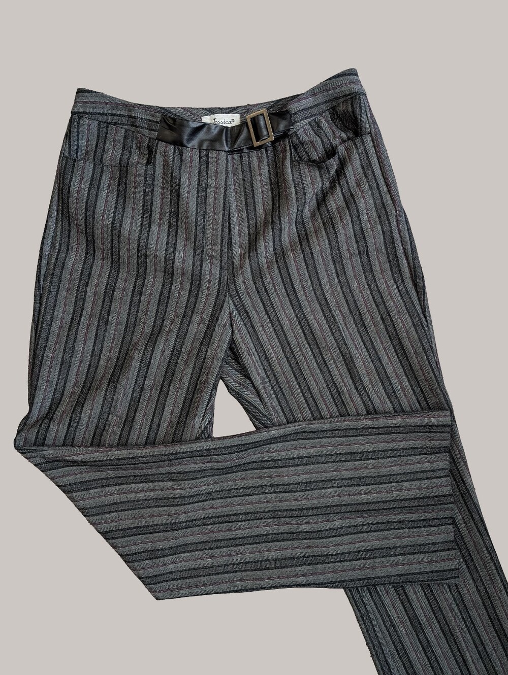 Y2K Gray Pinstripe Pants with Pink Stripe And Buckle